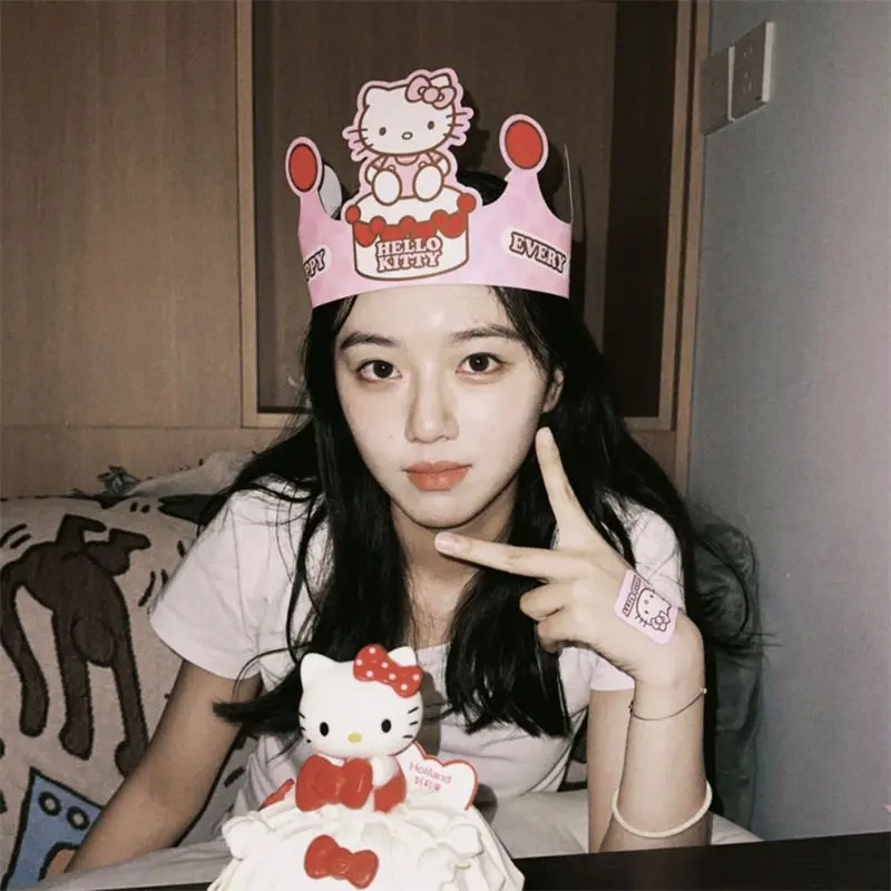 Sanrio Hello Kitty  Birthday Party Hat Cartoon Girl Cute Happy Birthday Kids Adult Party Hats Party Decorations Crown Supplies