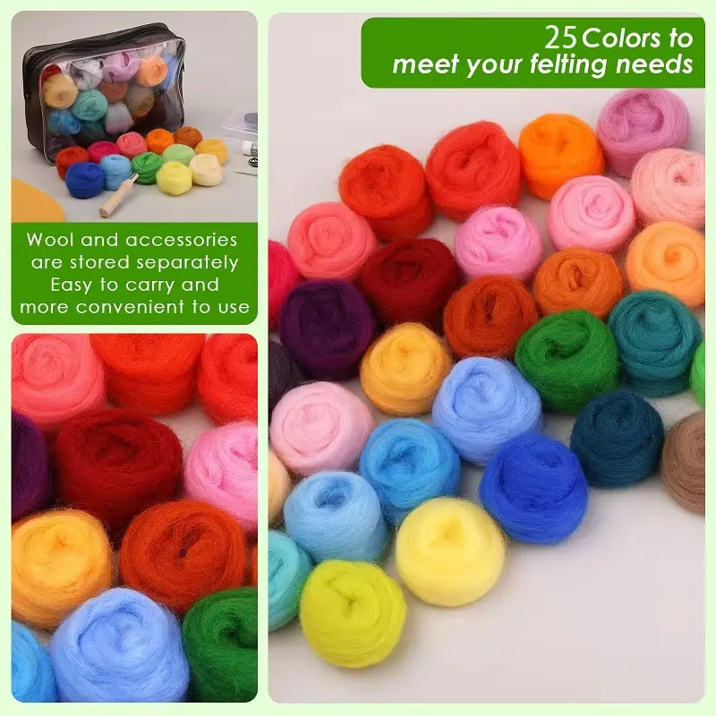 25 Colors Felting Wool Needle Felting Kit Wool Felting Tools Handmade Felt Needle Felting Fabric Materials Accessories ﻿