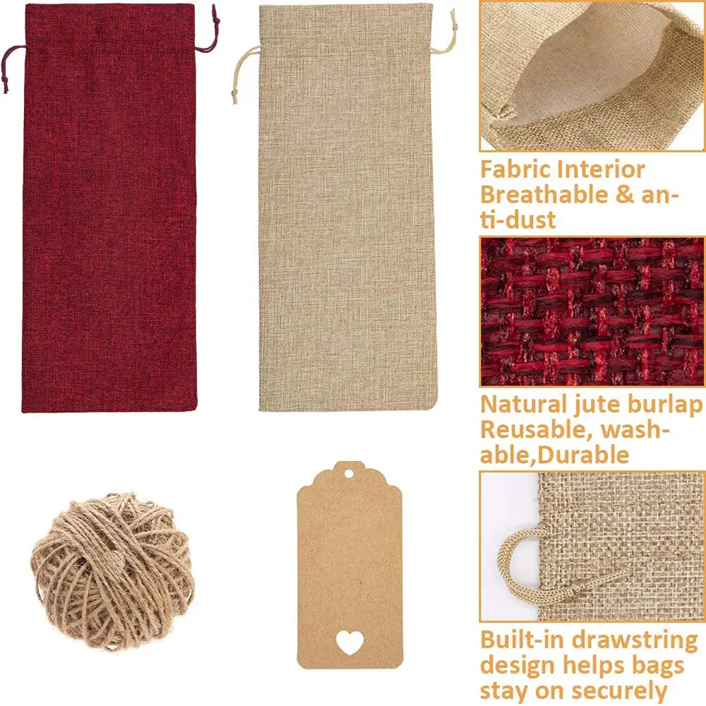 12Pcs Burlap Wine Bags Drawstring Wine Bottle Packaging Bags Reusable 2 Color Wine Bottle Bags For Christmas Wedding Birthday
