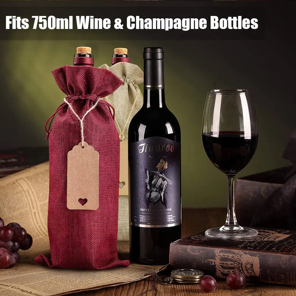 12Pcs Burlap Wine Bags Drawstring Wine Bottle Packaging Bags Reusable 2 Color Wine Bottle Bags For Christmas Wedding Birthday