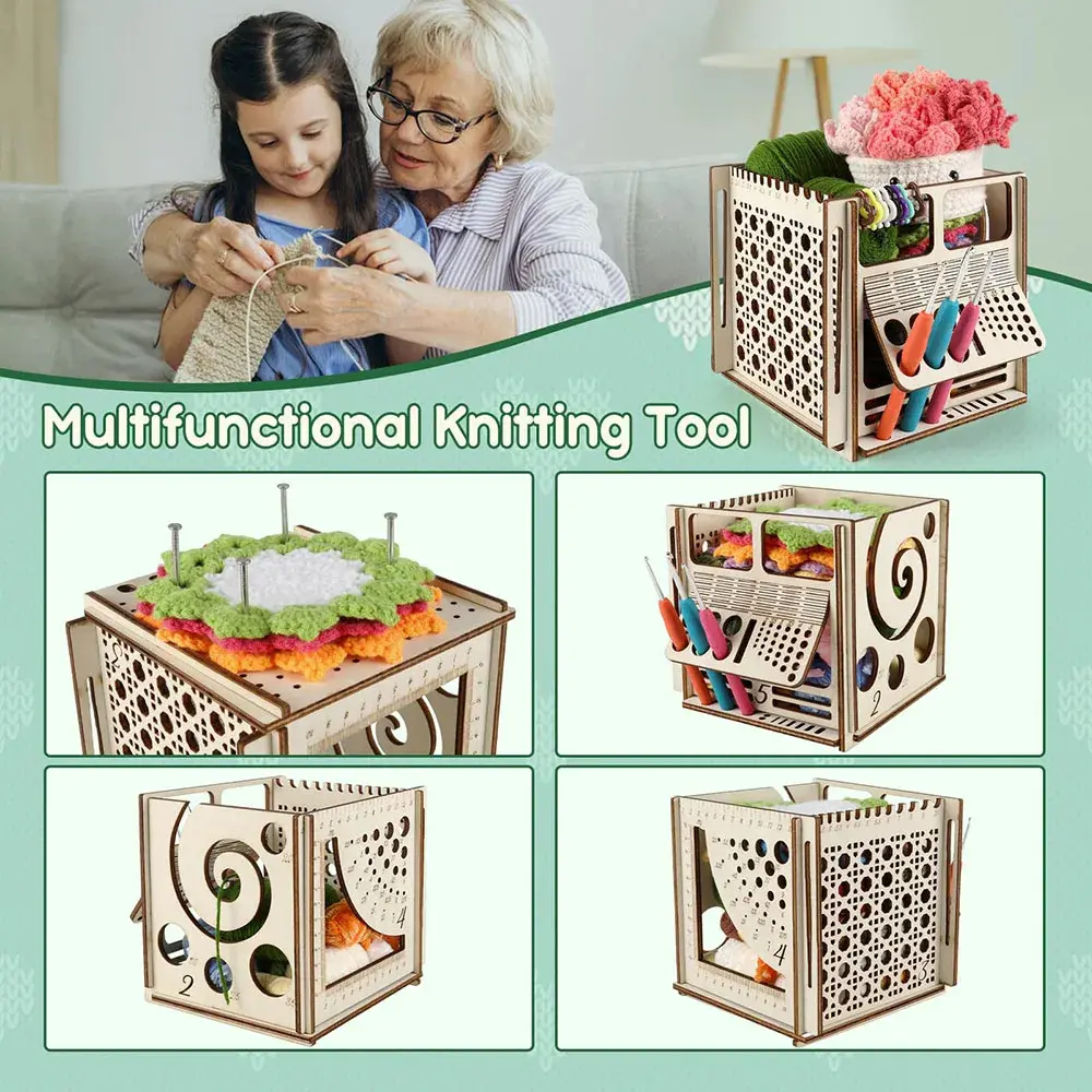 1Pcs Integrated Wooden Yarn Bowl Multifunctional Knitting Tool Multifunctional Yarn Frame Style Knitted Square Yarn Bowl