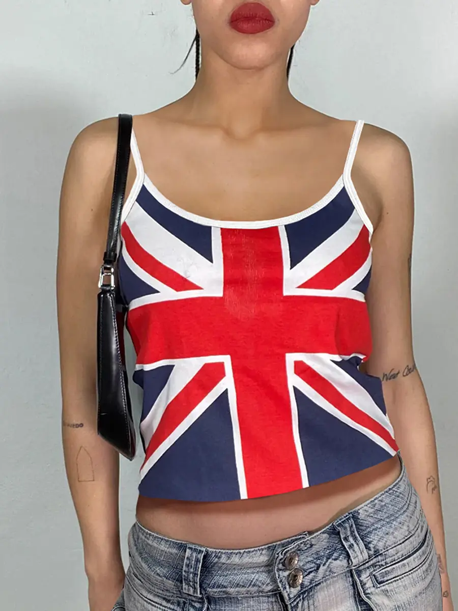 Y2K Union Jack Print Camisole for Women Summer Sleeveless Tank Top Slim Yoga Crop Tops Patriotic 4th of July Vest