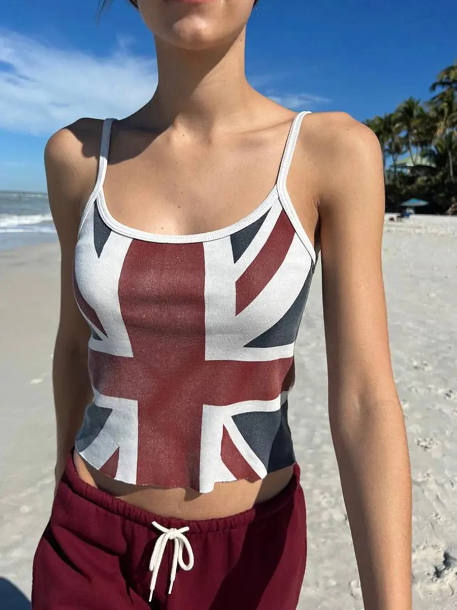 Y2K Union Jack Print Camisole for Women Summer Sleeveless Tank Top Slim Yoga Crop Tops Patriotic 4th of July Vest