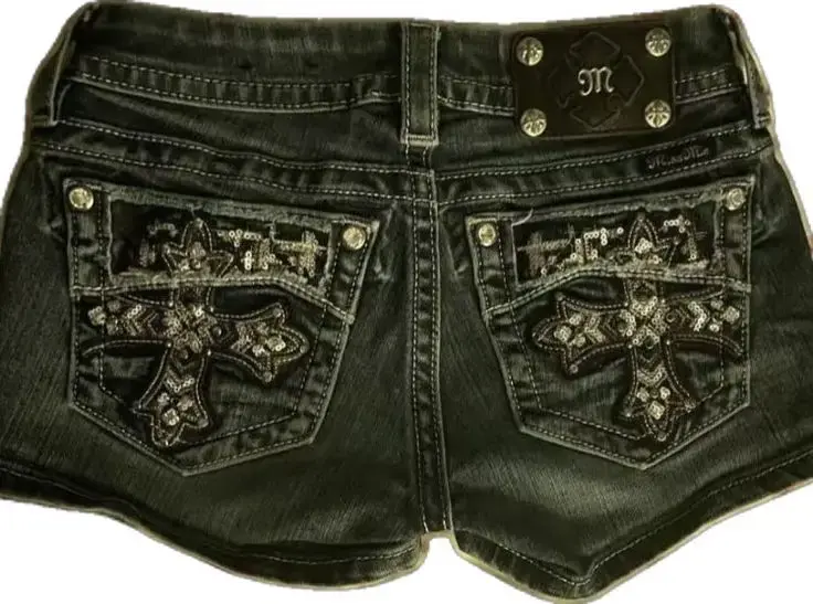 Retro women's denim shorts hot sweetheart pocket embroidery vacation style loose shorts low waist slim summer fashion mini skirt
