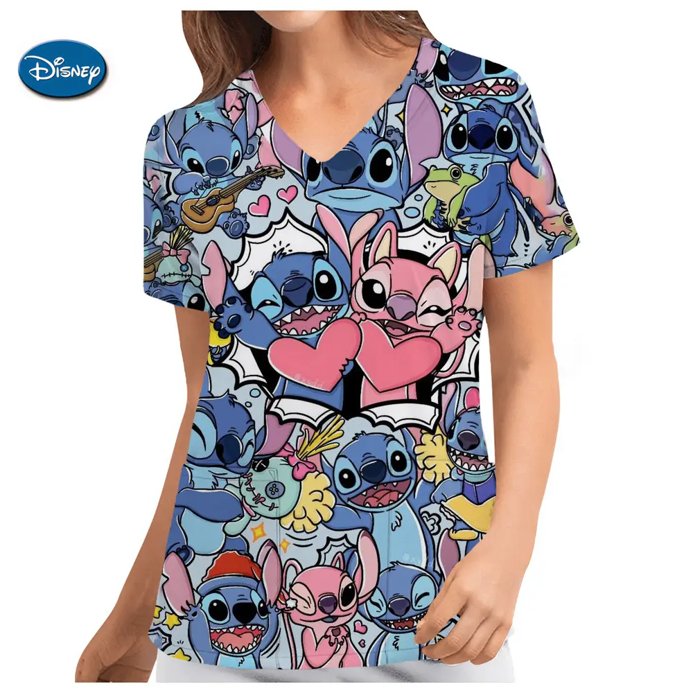 Disney Uniform Women's Cartoon Stitch Print Nurse Work Shirt Pocket Gown Christmas Healthcare Nurse Scrubs Y2K Top