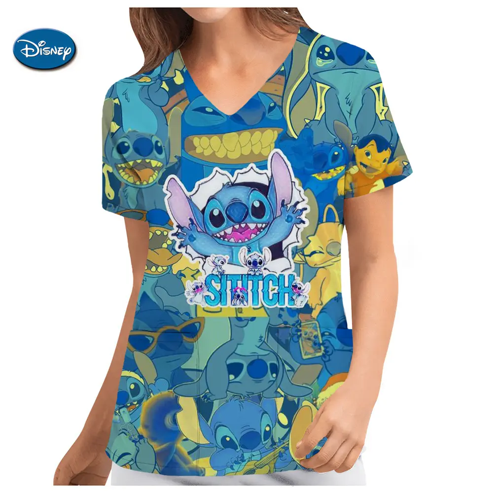 Disney Uniform Women's Cartoon Stitch Print Nurse Work Shirt Pocket Gown Christmas Healthcare Nurse Scrubs Y2K Top