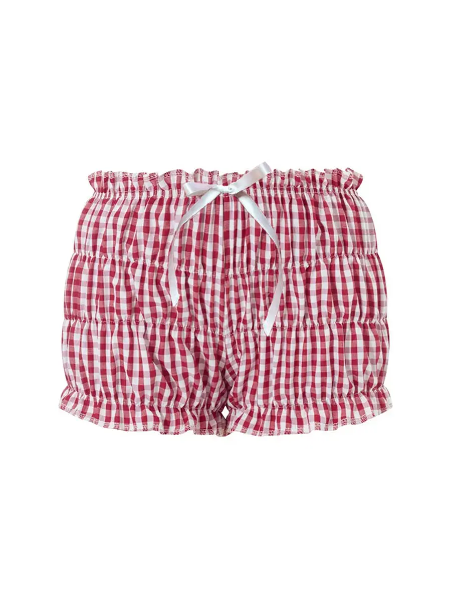 Cute Y2k Bloomers Shorts for Women Smocked Ruffle Gingham Bottoms Low Rise Lounge Knickers Bottom Plaid Mini Boxers Shorts