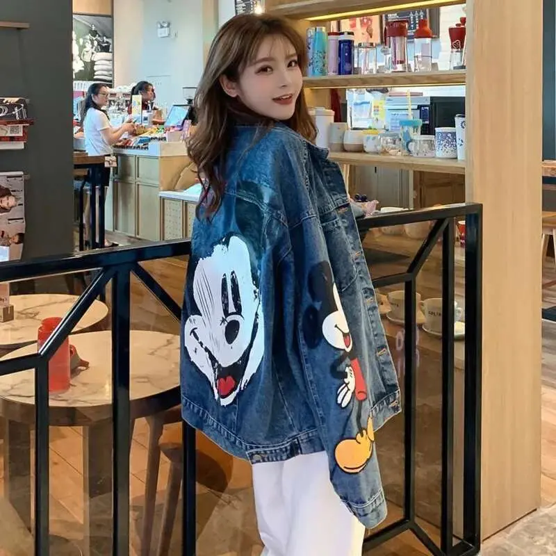 Miniso Button Disney Mickey Denim Coat Cartoon Graphic Cute Jacket Long Sleeve Streetwear Outerwear Cowboy Oversized Coats Women