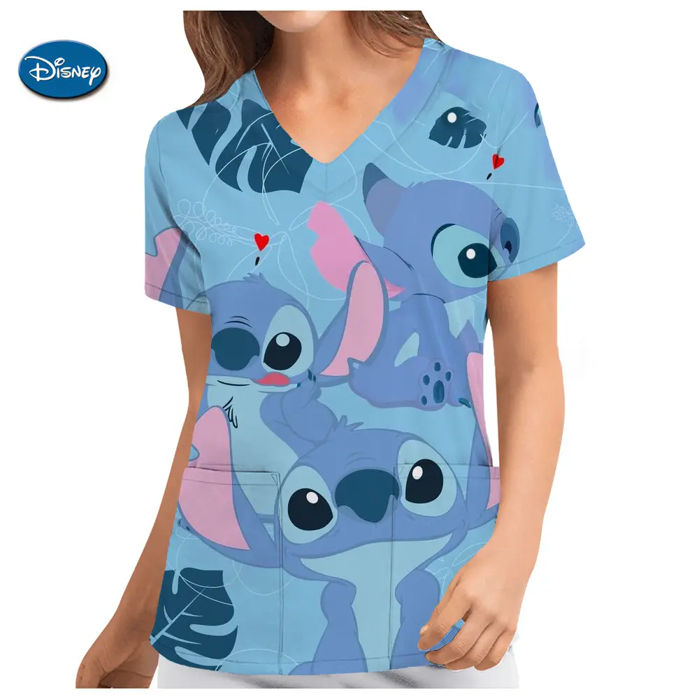 Disney Uniform Women's Cartoon Stitch Print Nurse Work Shirt Pocket Gown Christmas Healthcare Nurse Scrubs Y2K Top