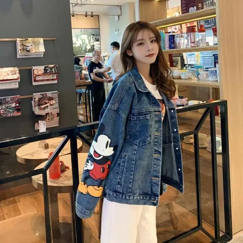 Miniso Button Disney Mickey Denim Coat Cartoon Graphic Cute Jacket Long Sleeve Streetwear Outerwear Cowboy Oversized Coats Women
