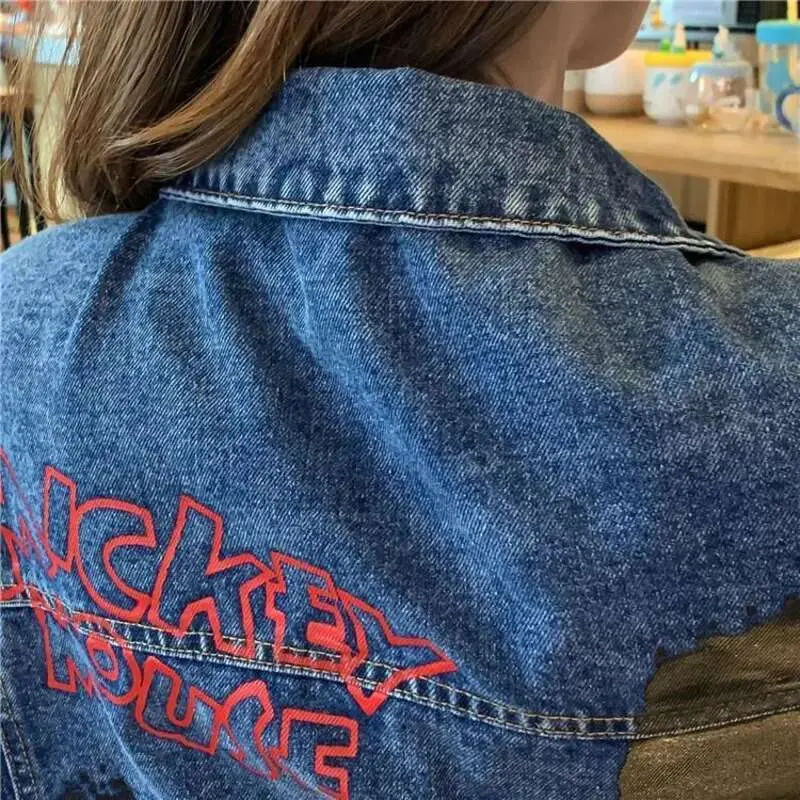 Miniso Button Disney Mickey Denim Coat Cartoon Graphic Cute Jacket Long Sleeve Streetwear Outerwear Cowboy Oversized Coats Women