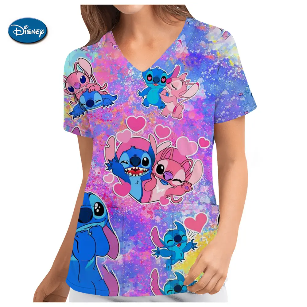 Disney Uniform Women's Cartoon Stitch Print Nurse Work Shirt Pocket Gown Christmas Healthcare Nurse Scrubs Y2K Top