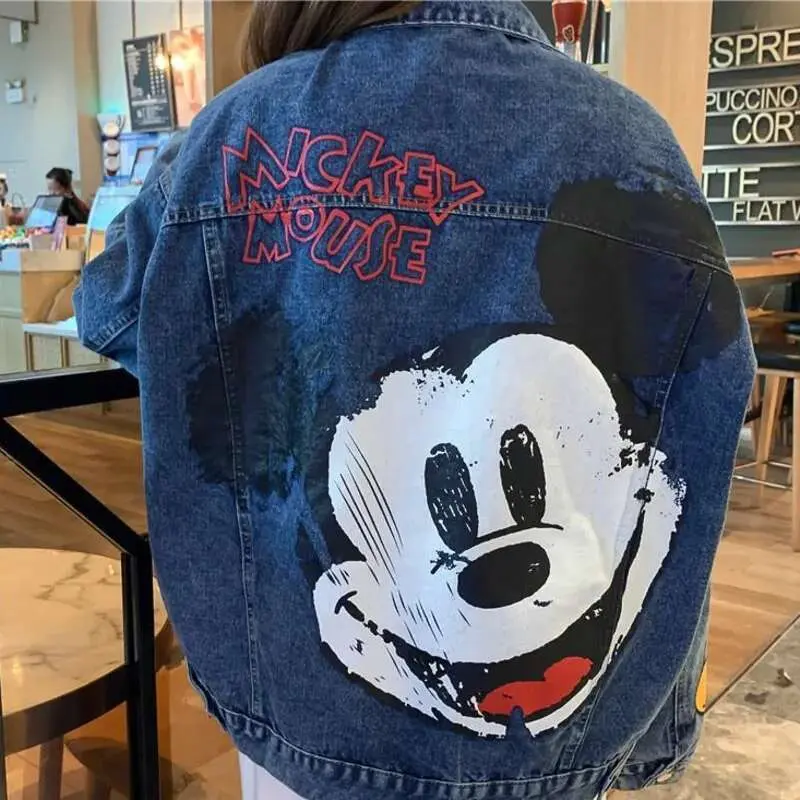 Miniso Button Disney Mickey Denim Coat Cartoon Graphic Cute Jacket Long Sleeve Streetwear Outerwear Cowboy Oversized Coats Women