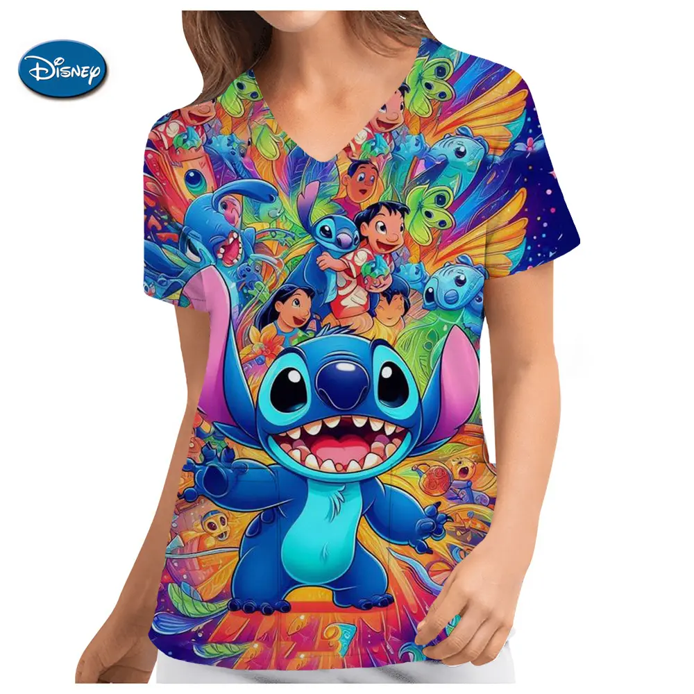 Disney Uniform Women's Cartoon Stitch Print Nurse Work Shirt Pocket Gown Christmas Healthcare Nurse Scrubs Y2K Top