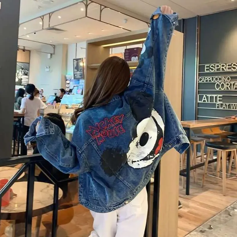 Miniso Button Disney Mickey Denim Coat Cartoon Graphic Cute Jacket Long Sleeve Streetwear Outerwear Cowboy Oversized Coats Women
