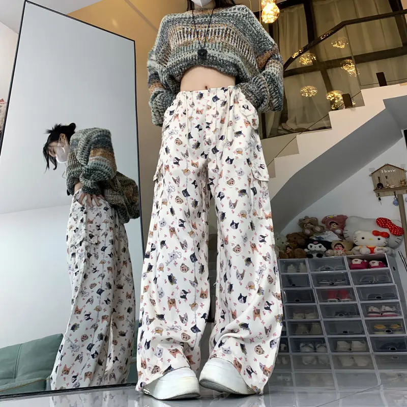 Women's White Baggy Graphic Print Cargo Pants Vintage Oversize Y2k Parachute Trousers Korean Harajuku Pants 2000s Clothes 2024