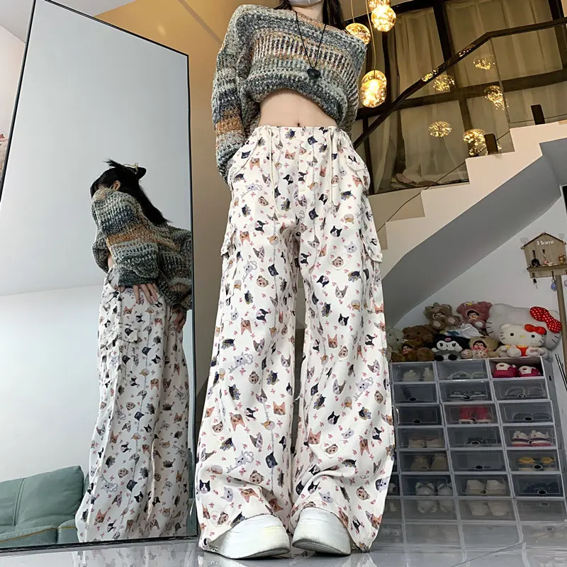 Women's White Baggy Graphic Print Cargo Pants Vintage Oversize Y2k Parachute Trousers Korean Harajuku Pants 2000s Clothes 2024
