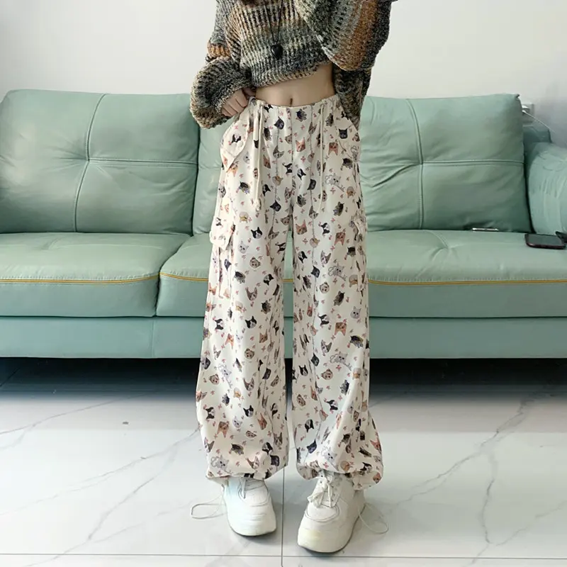 Women's White Baggy Graphic Print Cargo Pants Vintage Oversize Y2k Parachute Trousers Korean Harajuku Pants 2000s Clothes 2024