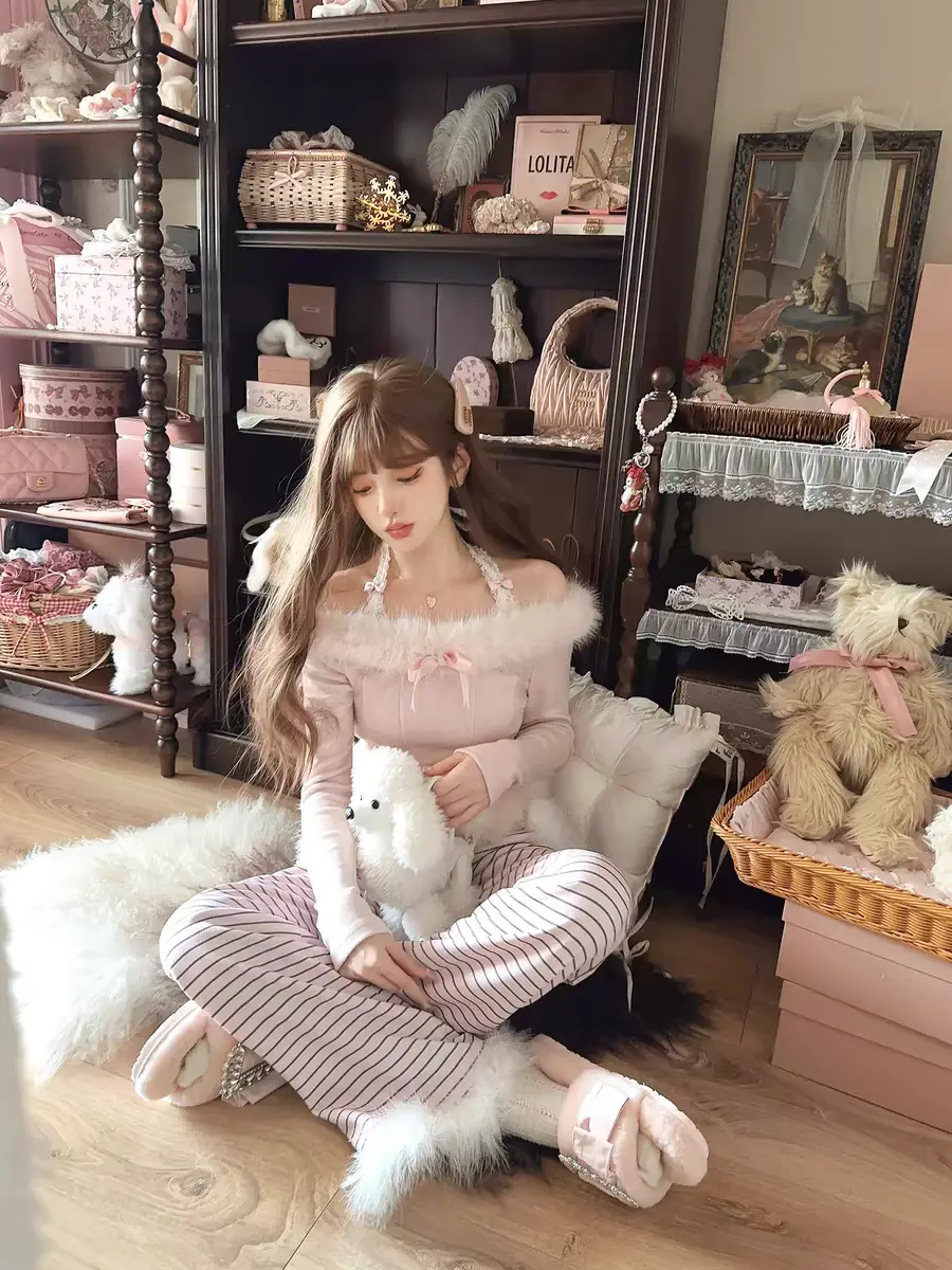 Princess sweet lolita pants bobon21 Inside plush feather striped pants B2373