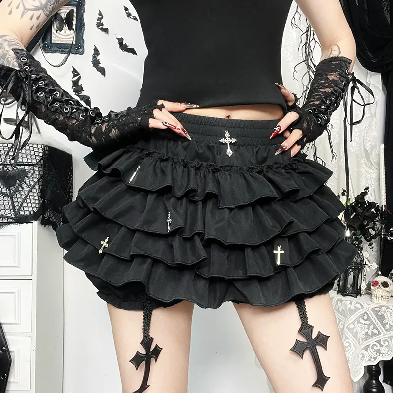 Gothic Mini Skirt 2025 Halloween Goth Aesthetic Y2K Party Club Harajuku Streetwear Women's Ruffled Mini Shorts Skirt with Cross