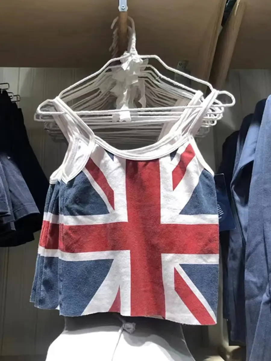 Vintage Flag Print Slim Tank Tops Women Summer New Cotton Soft Casual Streetwear Sleeveless Vests Harajuku Sweet Chic Camis Y2K