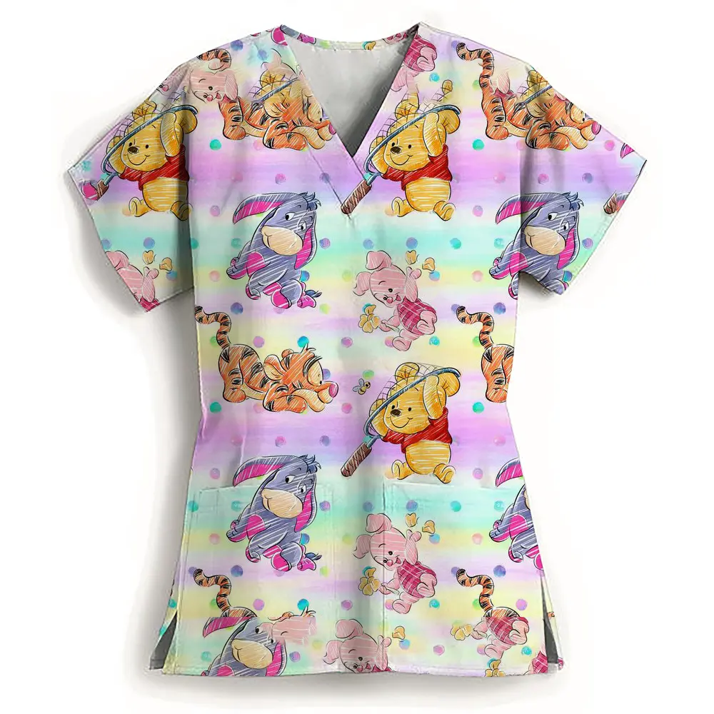 Winnie The Pooh Clinic Hospital Nurse Workwear Teeth 3D Printing T-shirt Women's V-neck Pocket Medical Clothing Nursing Top Work