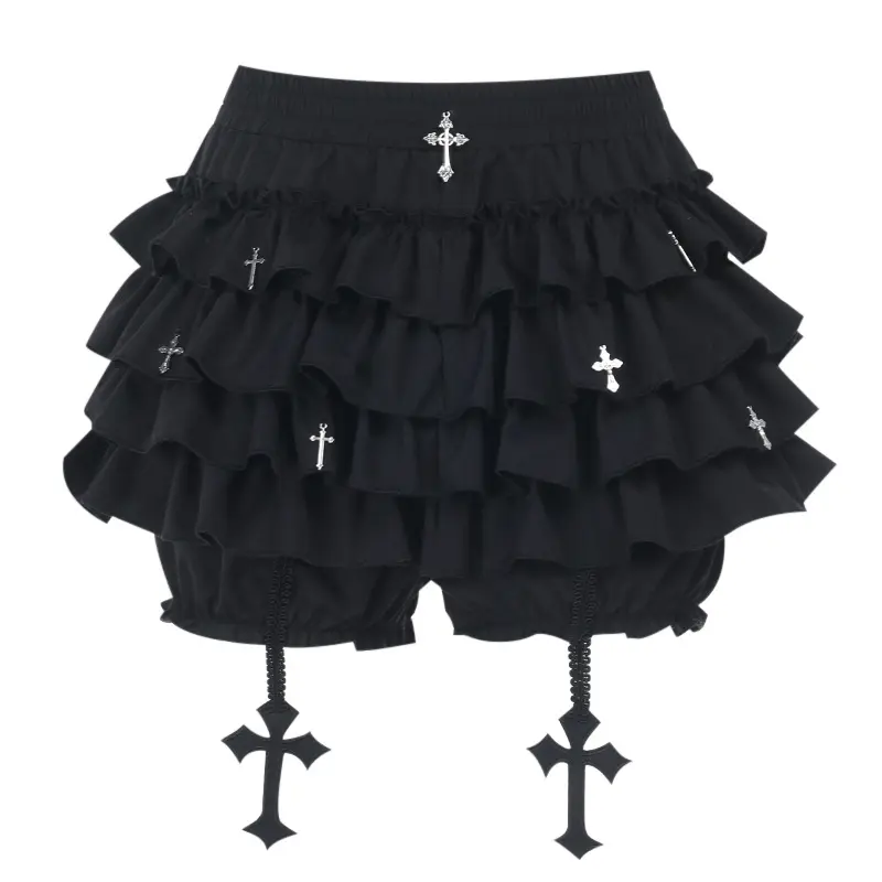 Gothic Mini Skirt 2025 Halloween Goth Aesthetic Y2K Party Club Harajuku Streetwear Women's Ruffled Mini Shorts Skirt with Cross
