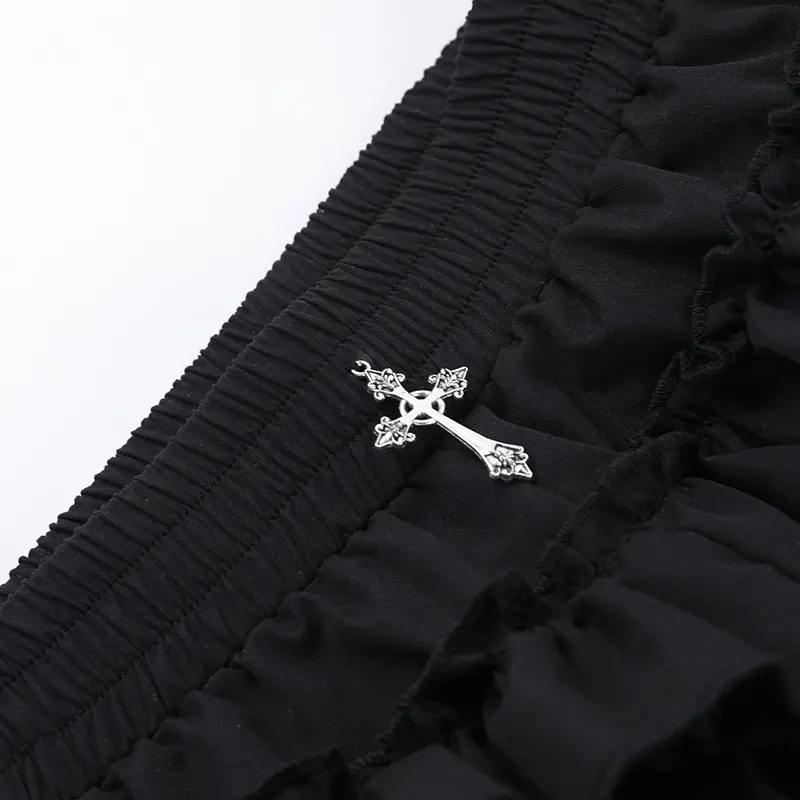 Gothic Mini Skirt 2025 Halloween Goth Aesthetic Y2K Party Club Harajuku Streetwear Women's Ruffled Mini Shorts Skirt with Cross