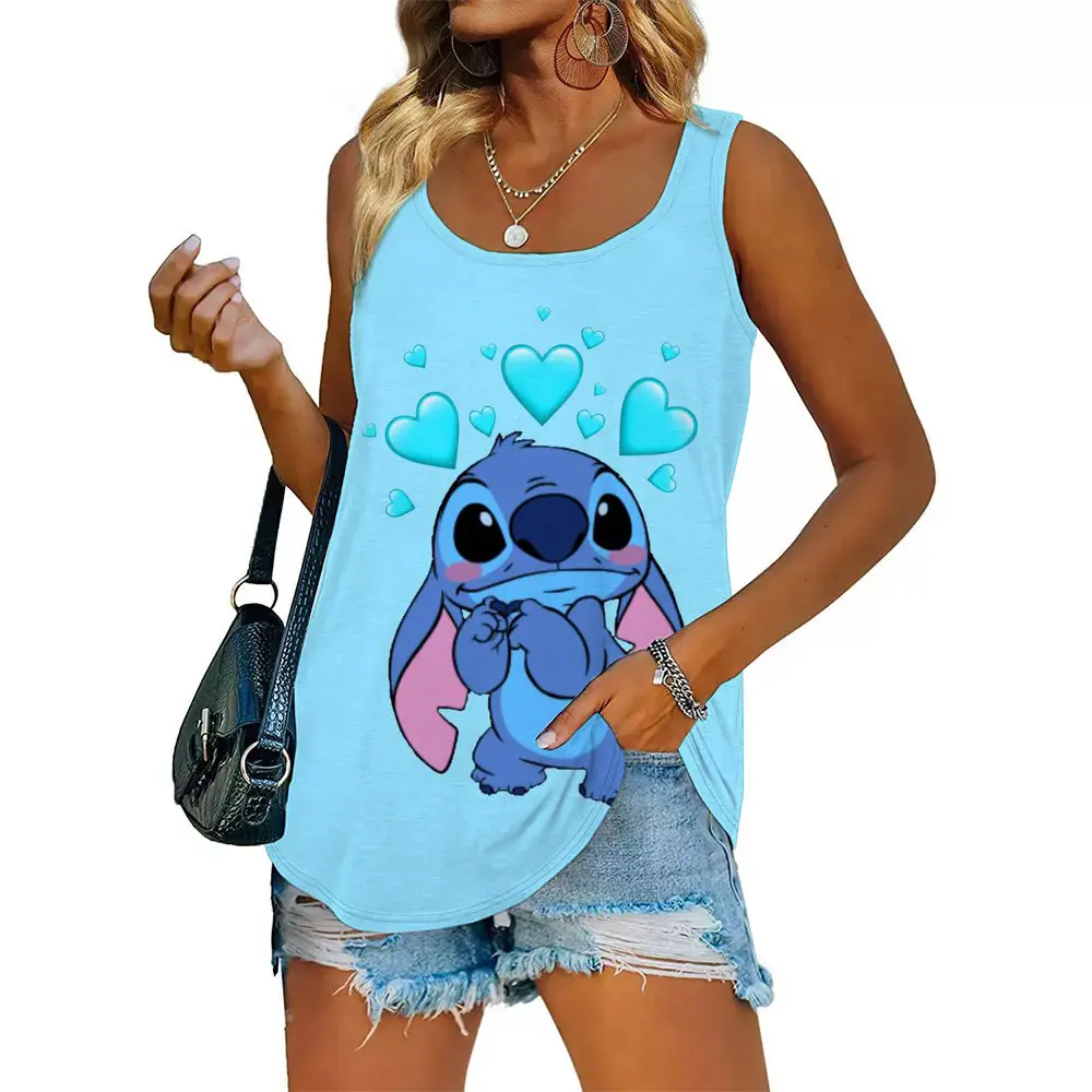 Tank Top Funny Vest Funny Disney Stitch print Women Summer White Print T-shirt Girl Casual O Neck Top for Summer Female Clothing