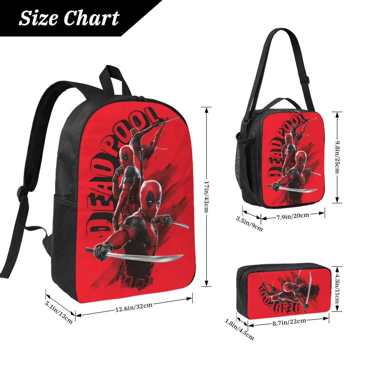 3Pcs Deadpool Backpack Set for Boy Girl Pencil Boxes Bookbag Sets with Lunch Box For Primary School Students Daypack