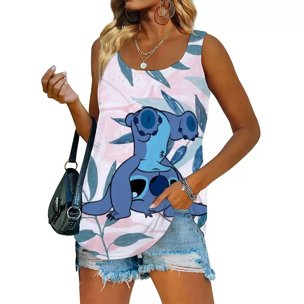 Tank Top Funny Vest Funny Disney Stitch print Women Summer White Print T-shirt Girl Casual O Neck Top for Summer Female Clothing