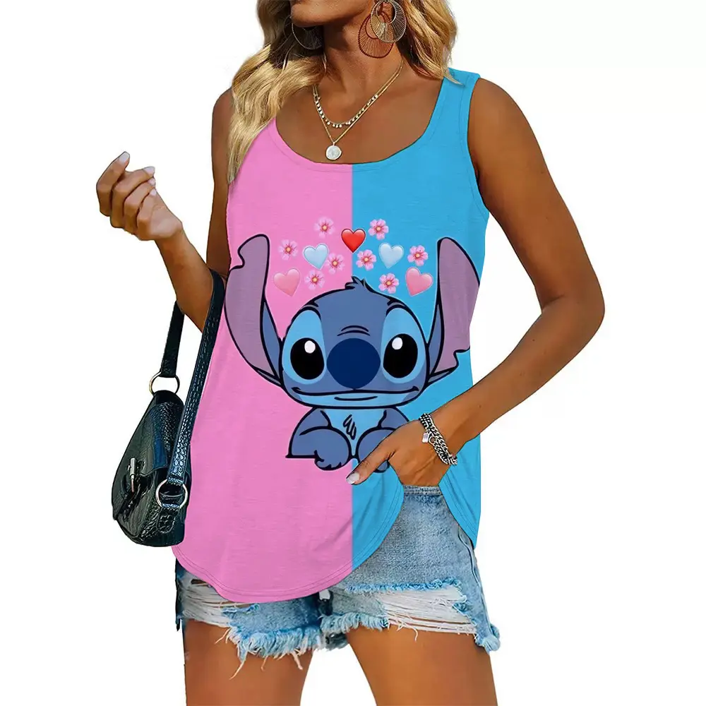 Tank Top Funny Vest Funny Disney Stitch print Women Summer White Print T-shirt Girl Casual O Neck Top for Summer Female Clothing
