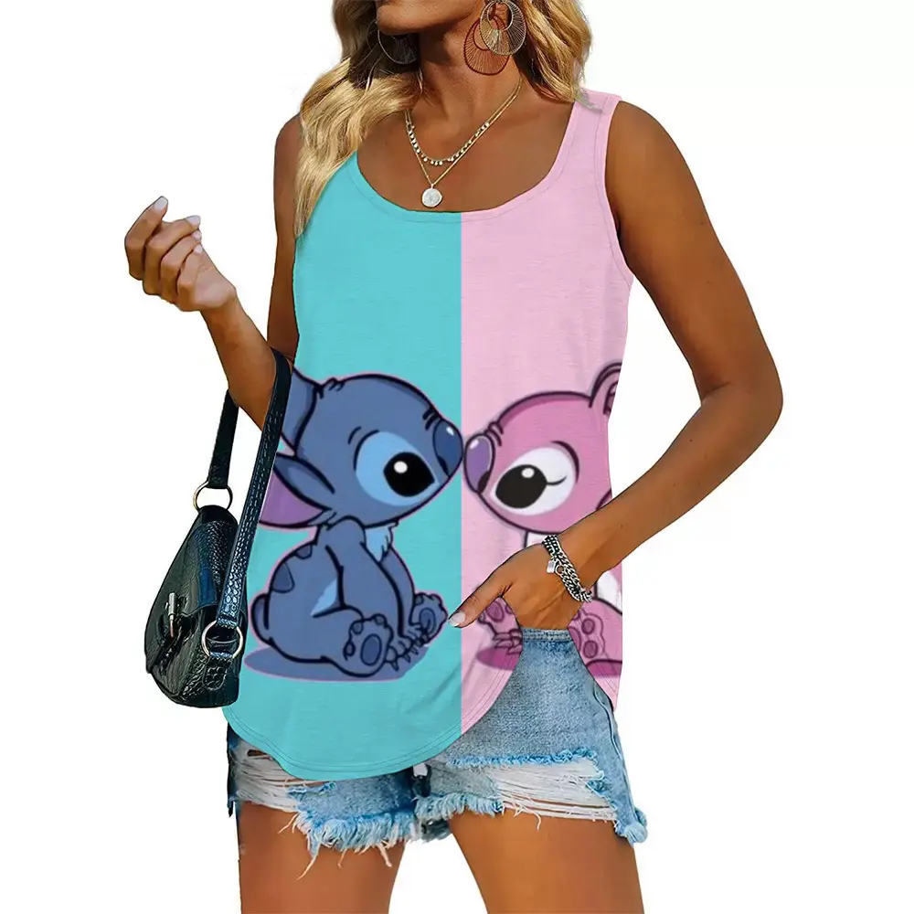 Tank Top Funny Vest Funny Disney Stitch print Women Summer White Print T-shirt Girl Casual O Neck Top for Summer Female Clothing