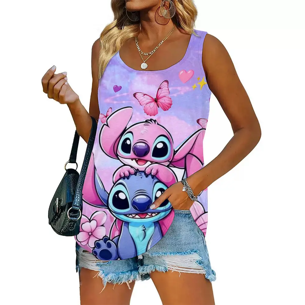 Tank Top Funny Vest Funny Disney Stitch print Women Summer White Print T-shirt Girl Casual O Neck Top for Summer Female Clothing