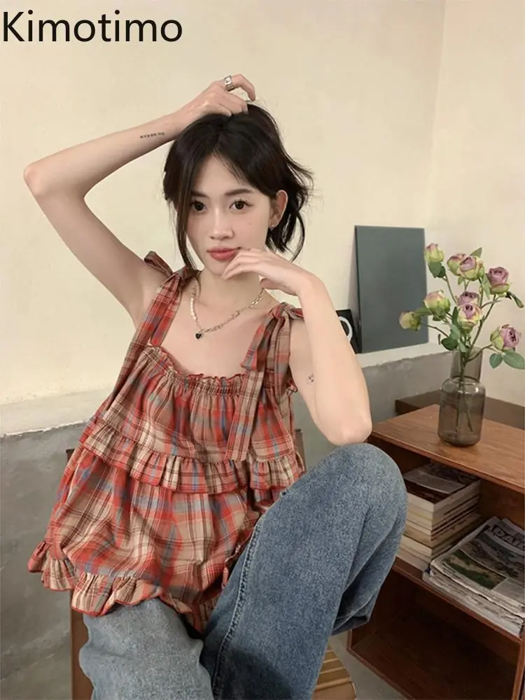 Kimotimo Sweet Red Plaid Tank Top Women 2025e Summer Bow Lace Up Sleeveless Ruffle Y2k Tops Temperament Versatile Camisole Vest