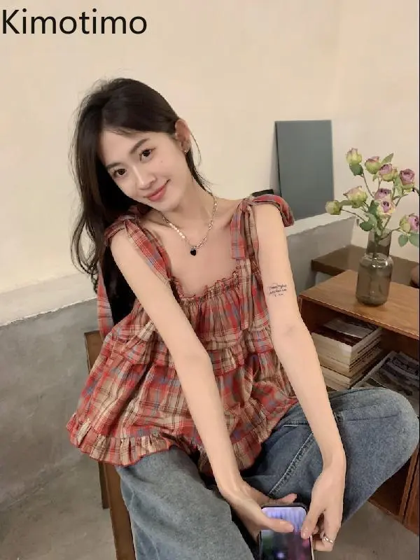 Kimotimo Sweet Red Plaid Tank Top Women 2025e Summer Bow Lace Up Sleeveless Ruffle Y2k Tops Temperament Versatile Camisole Vest
