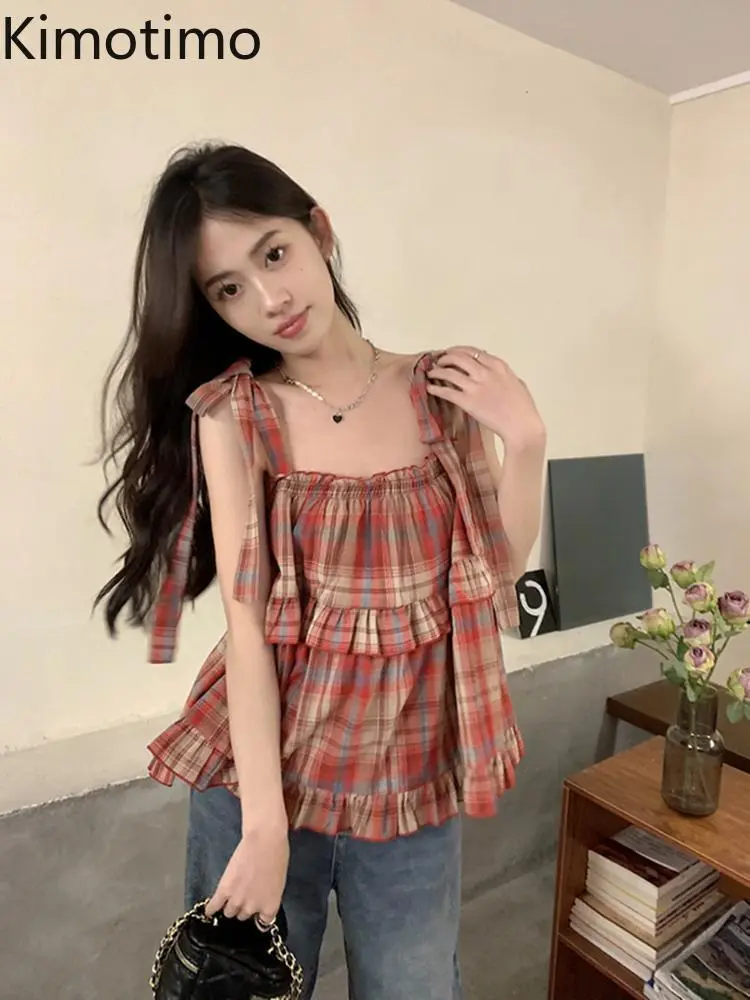 Kimotimo Sweet Red Plaid Tank Top Women 2025e Summer Bow Lace Up Sleeveless Ruffle Y2k Tops Temperament Versatile Camisole Vest