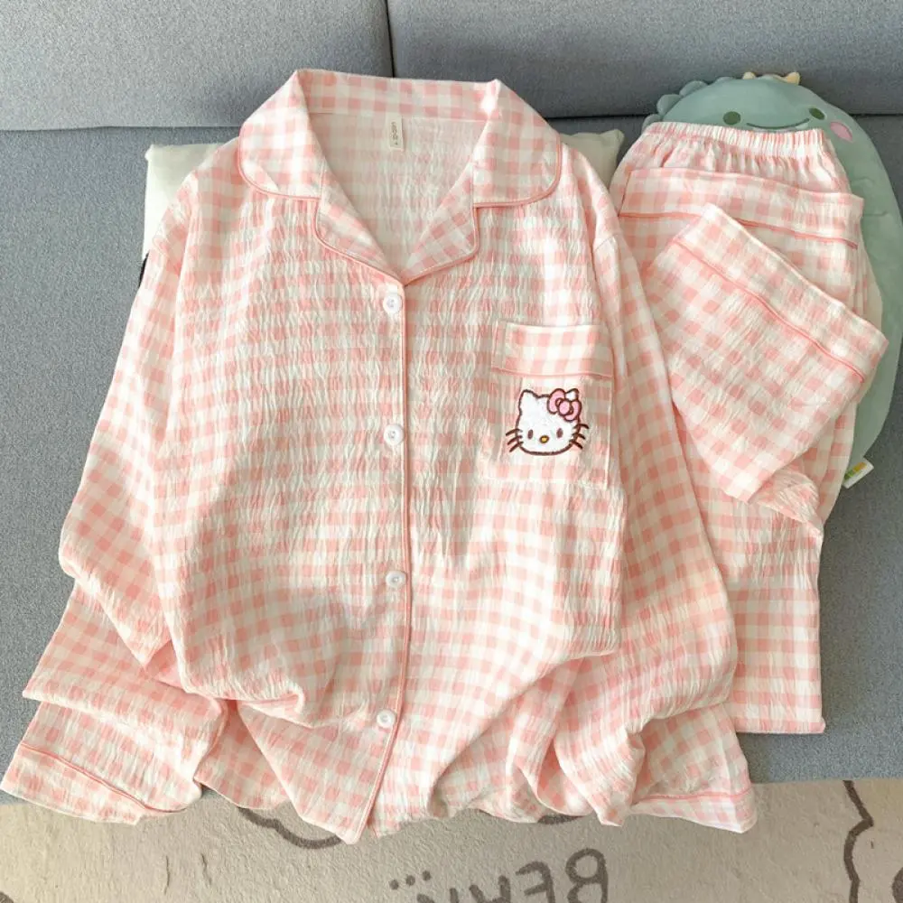 Anime Hello Kitty Women Pajamas Suit Sanrio Cartoon Pochacco Long Sleeve Pants Homewear Set Kawaii Loose Casual Girls Nightwear