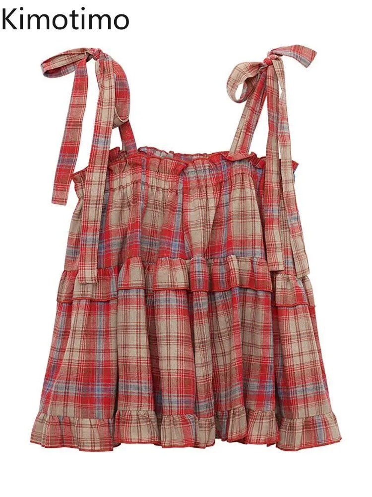 Kimotimo Sweet Red Plaid Tank Top Women 2025e Summer Bow Lace Up Sleeveless Ruffle Y2k Tops Temperament Versatile Camisole Vest