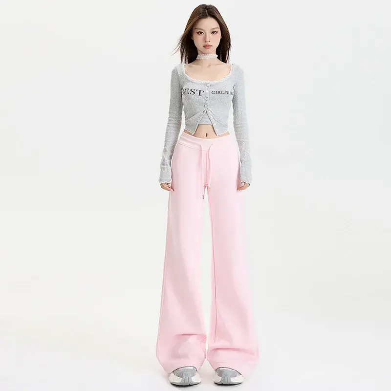 Pink Bell Bottom Casual Pants Women's Spring 2025 New Small Size High Waist Slimming Sports Sweatpants