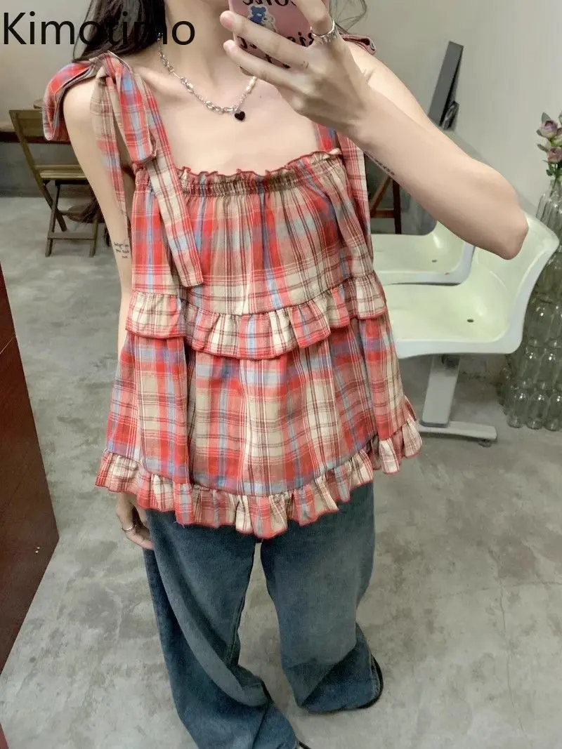 Kimotimo Sweet Red Plaid Tank Top Women 2025e Summer Bow Lace Up Sleeveless Ruffle Y2k Tops Temperament Versatile Camisole Vest