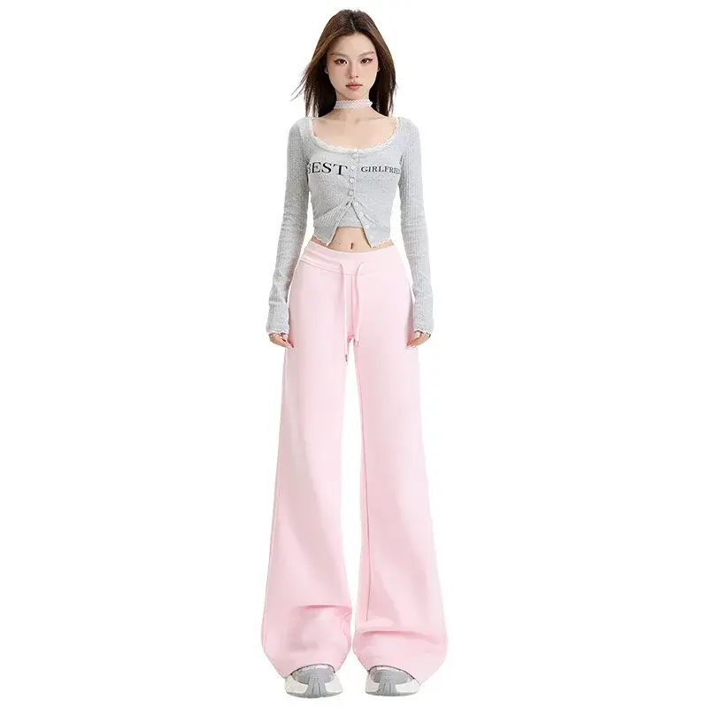Pink Bell Bottom Casual Pants Women's Spring 2025 New Small Size High Waist Slimming Sports Sweatpants