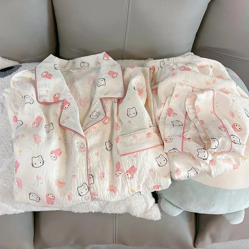 Anime Hello Kitty Women Pajamas Suit Sanrio Cartoon Pochacco Long Sleeve Pants Homewear Set Kawaii Loose Casual Girls Nightwear