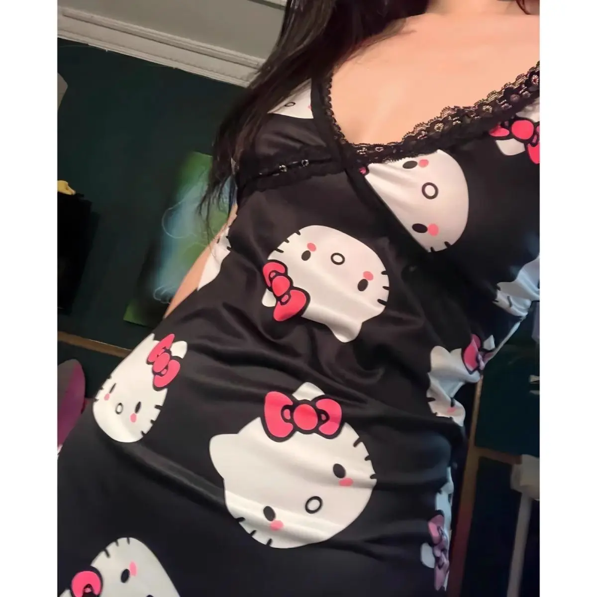 Sanrio Hello Kitty Suspender Nightgown Girl Student Summer Thin Home Clothes Cute Cartoon European and American Style Pajamas