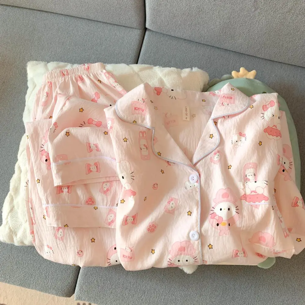 Anime Hello Kitty Women Pajamas Suit Sanrio Cartoon Pochacco Long Sleeve Pants Homewear Set Kawaii Loose Casual Girls Nightwear