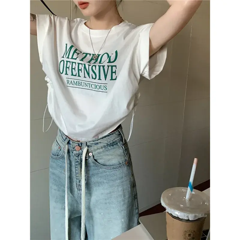 Niche Elegant Trendy In Cropped Grey Top Women's T-shirt Short Sleeves Design Sensibility Printing Spring Summer 2024 New Model