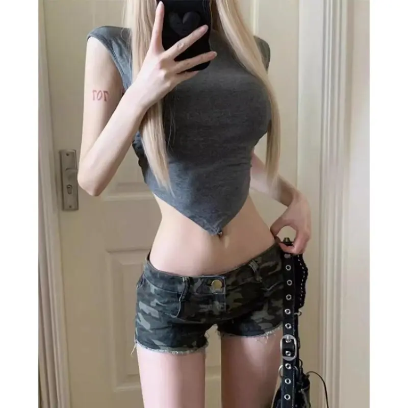 American High Street Camouflage Denim Shorts Sexy Low Waist Slim Fit Hot Shorts 2025 Summer New Straight Bodycon Short Pants