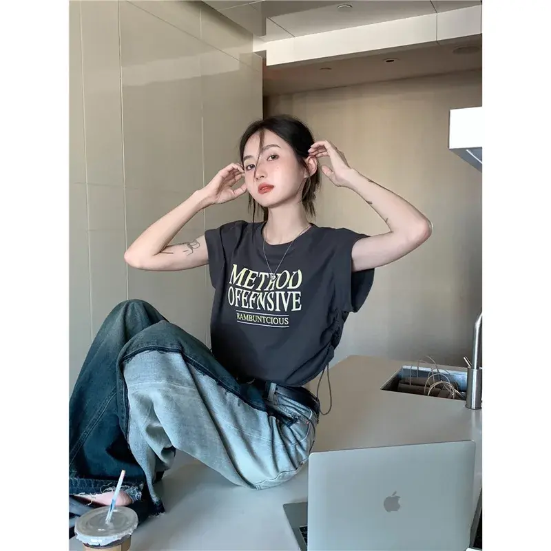 Niche Elegant Trendy In Cropped Grey Top Women's T-shirt Short Sleeves Design Sensibility Printing Spring Summer 2024 New Model