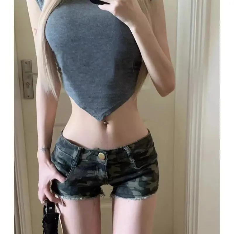 American High Street Camouflage Denim Shorts Sexy Low Waist Slim Fit Hot Shorts 2025 Summer New Straight Bodycon Short Pants