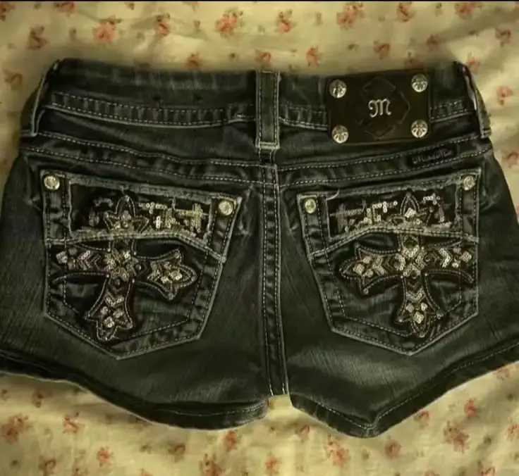 Summer Gothic Retro Cross Hot Diamond Jean Shorts Hot Sexy Girl Y2k Biker Shorts Women Harajuku Hip Hop Tight Booty Shorts